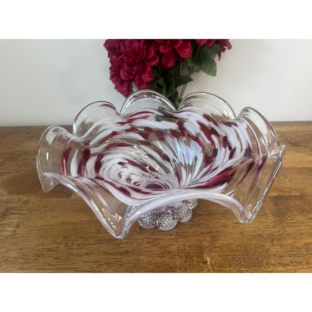 Vintage Murano Style Art Glass Bowl Red White Swirl Ruffled Pedestal Centrepiece